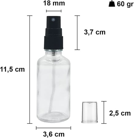 Afracam Şeffaf 50 ml Plastik Kapaklı Siyah Sprey Fısfıs Kolonya Dezenfektan Cam Şişe 30 Adet
