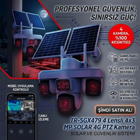 Trio SGX-479 4 Kameralı Çift Solar Güneş Panelli Kamera Sim Kartlı Güvenlik Kamerası Ptz Gece Görüş