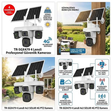 Trio SGX-479 4 Kameralı Çift Solar Güneş Panelli Kamera Sim Kartlı Güvenlik Kamerası Ptz Gece Görüş