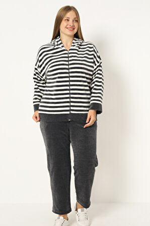 Kadın Büyük Beden Çizgili Fermuarlı Kapüşonlu Cepli Uzun Kollu Pamuklu Kadife Alt-Üst Eşofman Takım