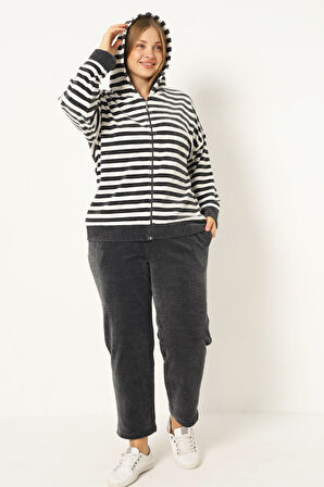 Kadın Büyük Beden Çizgili Fermuarlı Kapüşonlu Cepli Uzun Kollu Pamuklu Kadife Alt-Üst Eşofman Takım