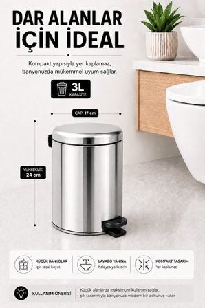 SAS Haus Banyo Çöp Kovası 3 Litre Krom Pedallı İç Kovalı