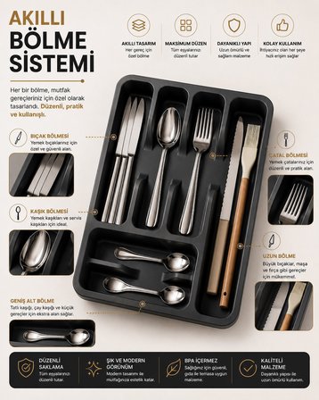 6 Bölmeli Çekmece İçi Kaşıklık, Plastik Çatal Bıçak Organizeri, Mutfak Düzenleyici Gri S-11003