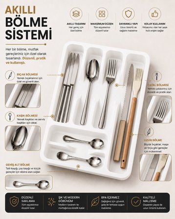 6 Bölmeli Çekmece İçi Kaşıklık, Plastik Çatal Bıçak Organizeri, Mutfak Düzenleyici Beyaz S-11003