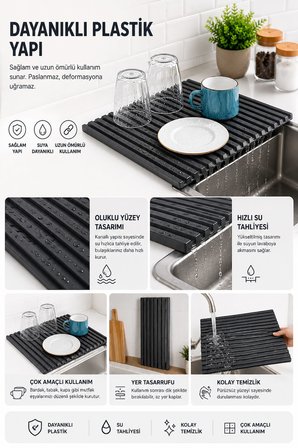 FEVİTO Lavabo Üstü Bulaşık Kurutmalığı Siyah 40x33 cm Plastik Oluklu