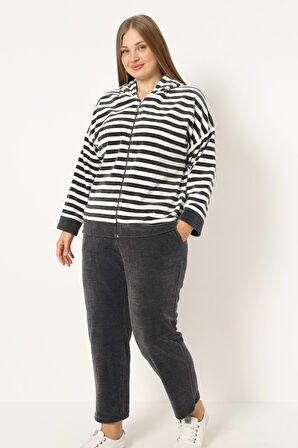 Kadın Büyük Beden Çizgili Fermuarlı Kapüşonlu Cepli Uzun Kollu Pamuklu Kadife Alt-Üst Eşofman Takım