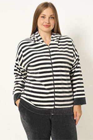 Kadın Büyük Beden Çizgili Fermuarlı Kapüşonlu Cepli Uzun Kollu Pamuklu Kadife Alt-Üst Eşofman Takım