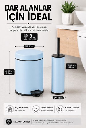 SAS Haus Mavi 3 Litre Pedallı Metal Banyo Çöp Kovası ve WC Fırçası Seti
