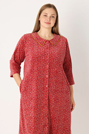 Çiçek Desenli Boydan Düğmeli Biyeli Cepli Pamuklu Kadife Kadın Büyük Beden Elbise