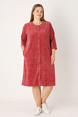 Çiçek Desenli Boydan Düğmeli Biyeli Cepli Pamuklu Kadife Kadın Büyük Beden Elbise