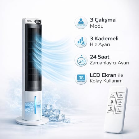 Ev Tipi Kule Tipi Vantilatör &amp; Soğutucu – 70W Güçlü Hava Akışı, 3 Kademe Hız, 3L Su Tanklı Nemlendirici, 24 Saat Zamanlayıcı, Sessiz Çalışma (29 dB), Uzaktan Kumandalı, LCD Ekranlı
