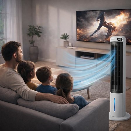 Ev Tipi Kule Tipi Vantilatör &amp; Soğutucu – 70W Güçlü Hava Akışı, 3 Kademe Hız, 3L Su Tanklı Nemlendirici, 24 Saat Zamanlayıcı, Sessiz Çalışma (29 dB), Uzaktan Kumandalı, LCD Ekranlı