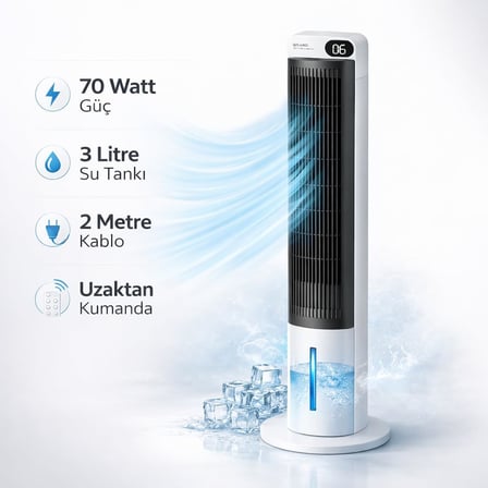 Ev Tipi Kule Tipi Vantilatör &amp; Soğutucu – 70W Güçlü Hava Akışı, 3 Kademe Hız, 3L Su Tanklı Nemlendirici, 24 Saat Zamanlayıcı, Sessiz Çalışma (29 dB), Uzaktan Kumandalı, LCD Ekranlı