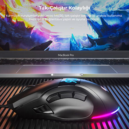 Lecoo MS130 Kablolu 7200DPI 9 Makro Tuşlu RGB Gaming Optik Mouse