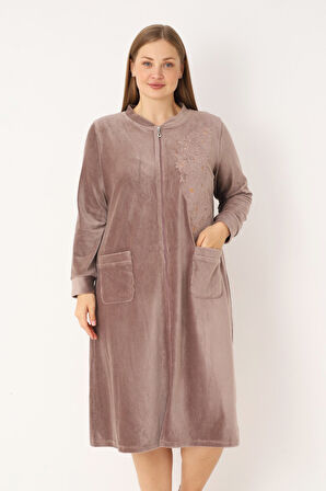  Nakış Ve Taş Detaylı Pamuklu Kadife Fermuarlı Uzun Kollu Kadın Büyük Beden Elbise