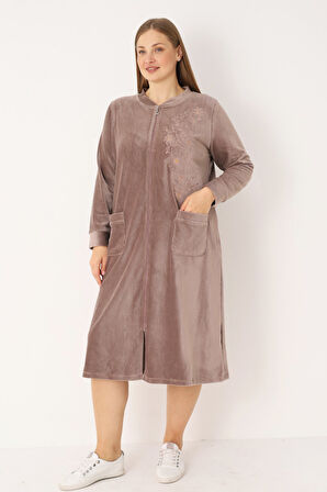  Nakış Ve Taş Detaylı Pamuklu Kadife Fermuarlı Uzun Kollu Kadın Büyük Beden Elbise