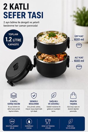 SAS Haus 2 Katlı 1.2 Litre Paslanmaz Çelik Sefer Tası Sızdırmaz Kapaklı
