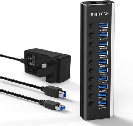 Powered USB 3.0 Hub Alüminyum 10 Portlu USB 3.0 Veri Hub, 12V/3A (36W) Güç Adaptörü ve Bireysel Açma/Kapama Anahtarları ve LED'li (RSH-A10)