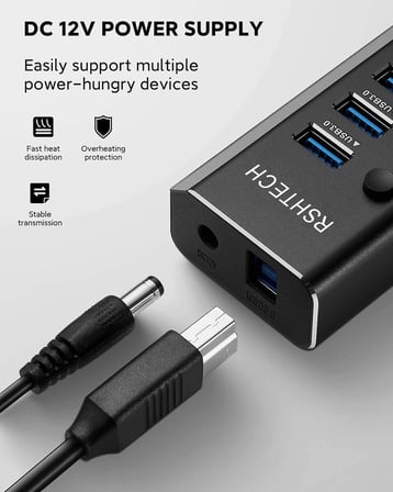 Powered USB 3.0 Hub Alüminyum 10 Portlu USB 3.0 Veri Hub, 12V/3A (36W) Güç Adaptörü ve Bireysel Açma/Kapama Anahtarları ve LED'li (RSH-A10)