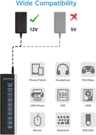 Powered USB 3.0 Hub Alüminyum 10 Portlu USB 3.0 Veri Hub, 12V/3A (36W) Güç Adaptörü ve Bireysel Açma/Kapama Anahtarları ve LED'li (RSH-A10)