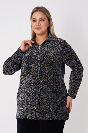 Çiçek Desenli Pamuklu Kadife Balıkçı Yaka Kadın Büyük Beden Eşofman Takımı