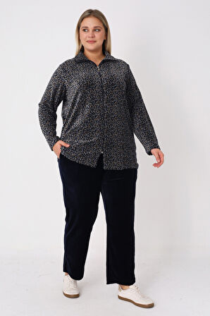 Çiçek Desenli Pamuklu Kadife Balıkçı Yaka Kadın Büyük Beden Eşofman Takımı