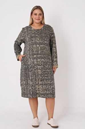 Desenli Düğmeli Cepli Biye Detaylı Jakarlı Kumaş Kadın Büyük Beden Elbise