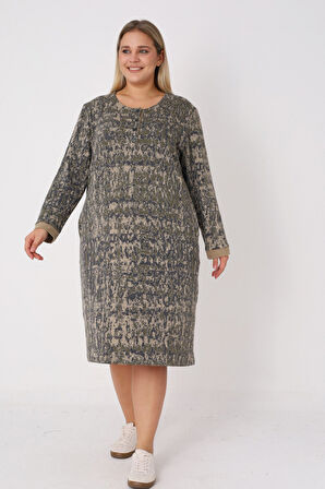 Desenli Düğmeli Cepli Biye Detaylı Jakarlı Kumaş Kadın Büyük Beden Elbise