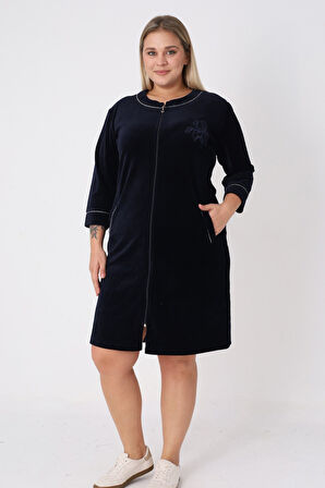Kadın Büyük Beden Lacivert Pamuklu Kadife Fermuarlı Şerit Detaylı Nakışlı Cepli Truvakar Kol Elbise