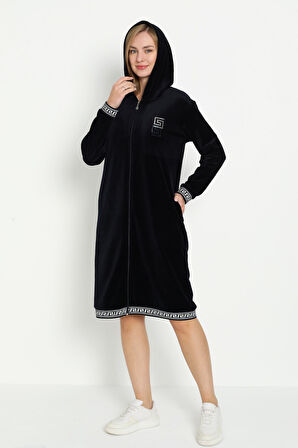 Siyah Kapüşonlu Taş Detaylı Fermuarlı Cepli Pamuklu Kadife Elbise
