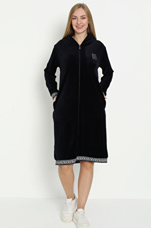 Siyah Kapüşonlu Taş Detaylı Fermuarlı Cepli Pamuklu Kadife Elbise