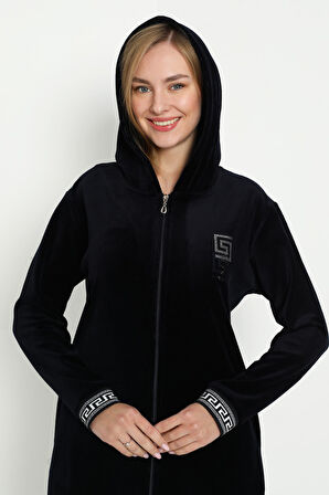 Siyah Kapüşonlu Taş Detaylı Fermuarlı Cepli Pamuklu Kadife Elbise