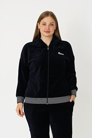 Lacivert Fermuarlı Kapüşonlu Pamuklu Kadife Uzun Kol Baskılı Cepli Kadın Büyük Beden Eşofman Takımı