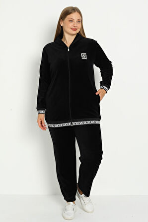 Kadın Büyük Beden Siyah Kapüşonlu Pamuklu Kadife Baskı Detaylı Cepli Alt Üst Eşofman Takımı