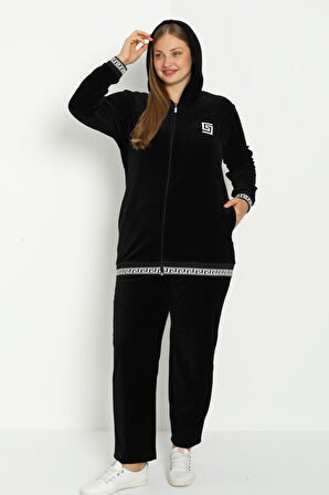 Kadın Büyük Beden Siyah Kapüşonlu Pamuklu Kadife Baskı Detaylı Cepli Alt Üst Eşofman Takımı