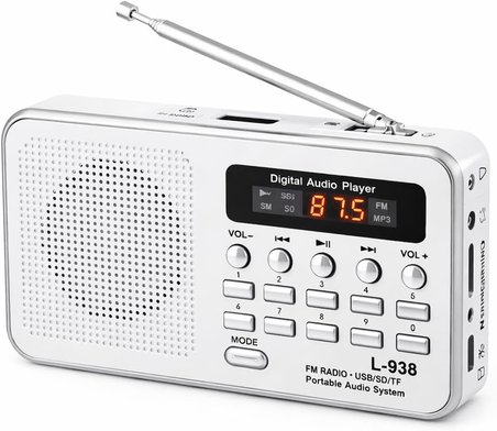 L-938 Şarjlı Taşınabilir FM Radyo | Dijital Ekranlı | USB/TF/SD/AUX Destekli | BL-5C Bataryalı Cep Radyosu (Beyaz)