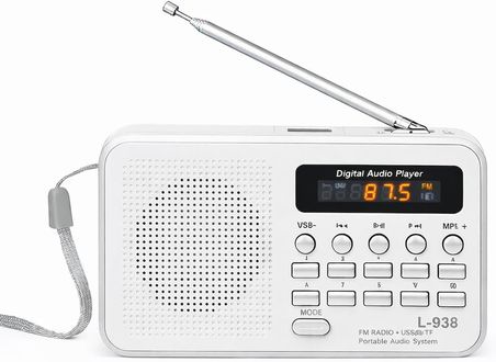L-938 Şarjlı Taşınabilir FM Radyo | Dijital Ekranlı | USB/TF/SD/AUX Destekli | BL-5C Bataryalı Cep Radyosu (Beyaz)