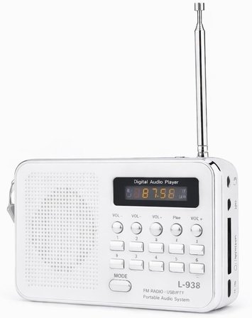 L-938 Şarjlı Taşınabilir FM Radyo | Dijital Ekranlı | USB/TF/SD/AUX Destekli | BL-5C Bataryalı Cep Radyosu (Beyaz)