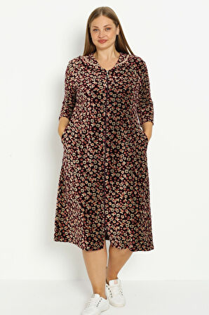 Koyu Kahve Çiçek Desenli Pamuklu Kadife Fermuarlı Cepli Biyeli Truvakar Kollu Büyük Beden Elbise