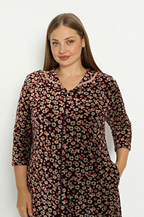 Koyu Kahve Çiçek Desenli Pamuklu Kadife Fermuarlı Cepli Biyeli Truvakar Kollu Büyük Beden Elbise