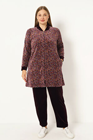 Kadın Büyük Beden Çiçek Desenli Pamuklu Kadife Fermuarlı Cepli Uzun Kollu Alt Üst Eşofman Takımı