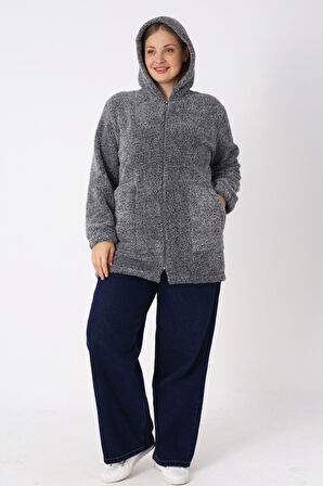 Kadın Büyük Beden Kapüşonlu Fermuarlı Cepli Soft Peluş Sweatshirt