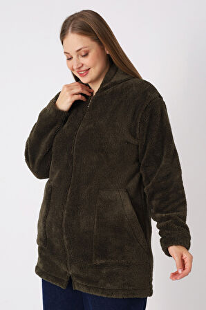 Kadın Büyük Beden Kapüşonlu Fermuarlı Cepli Soft Peluş Sweatshirt