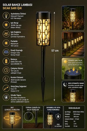 Panter Solar Bahçe Aydınlatması, Balkon Dekorasyonu, Güneş Enerjili 3000K Sarı Gün Işığı Filament LED 100 Lümen Dış Mekan Su Geçirmez Çim Yol Peyzaj Patika Aydınlatma Dekoratif Lamba 57 CM