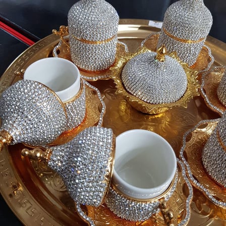 ERS 8'Li Gold Beyaz Kristal Taşlı Lokumluk Kahve Fincanı Set