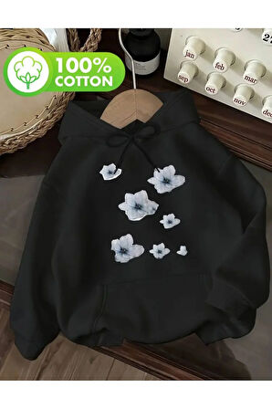 Çiçek Baskı Detaylı İçi Polarlı Kapüşonlu Sweatshirt