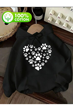 Kalp Pati Baskı Detaylı İçi Polarlı Kapüşonlu Sweatshirt