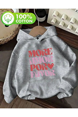 More Amor Baskı Detaylı İçi Polarlı Kapüşonlu Sweatshirt