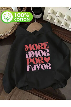 More Amor Baskı Detaylı İçi Polarlı Kapüşonlu Sweatshirt
