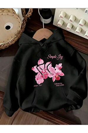 Simple Joy Baskı Detaylı İçi Polarlı Kapüşonlu Sweatshirt